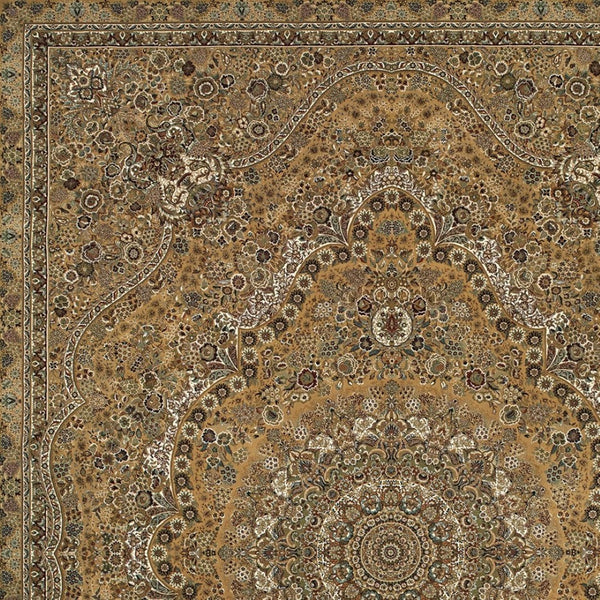 HomeRoots 5' Red and Gold Medallion Area Rug with Fringed Edges - Durable, Stain-Resistant, Timeless Design 5' X 8' 574537