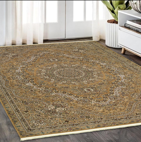 HomeRoots 5' Red and Gold Medallion Area Rug with Fringed Edges - Durable, Stain-Resistant, Timeless Design 5' X 8' 574537