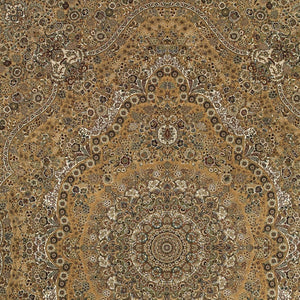 HomeRoots 5' Red and Gold Medallion Area Rug with Fringed Edges - Durable, Stain-Resistant, Timeless Design 7' X 10' 574538