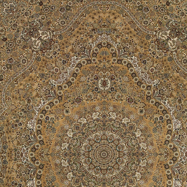 HomeRoots 5' Red and Gold Medallion Area Rug with Fringed Edges - Durable, Stain-Resistant, Timeless Design 7' X 10' 574538