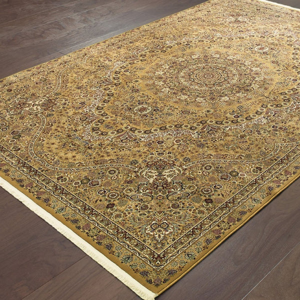 HomeRoots 5' Red and Gold Medallion Area Rug with Fringed Edges - Durable, Stain-Resistant, Timeless Design 8' X 11' 574539