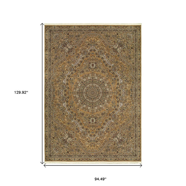 HomeRoots 5' Red and Gold Medallion Area Rug with Fringed Edges - Durable, Stain-Resistant, Timeless Design 8' X 11' 574539
