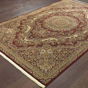 HomeRoots 5' Red and Gold Medallion Area Rug with Fringed Edges - Durable, Stain-Resistant, Timeless Design 10' X 13' 574540