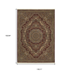 HomeRoots 5' Red and Gold Medallion Area Rug with Fringed Edges - Durable, Stain-Resistant, Timeless Design 10' X 13' 574540