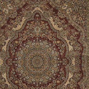 HomeRoots 5' Red and Gold Medallion Area Rug with Fringed Edges - Durable, Stain-Resistant, Timeless Design 10' X 13' 574540