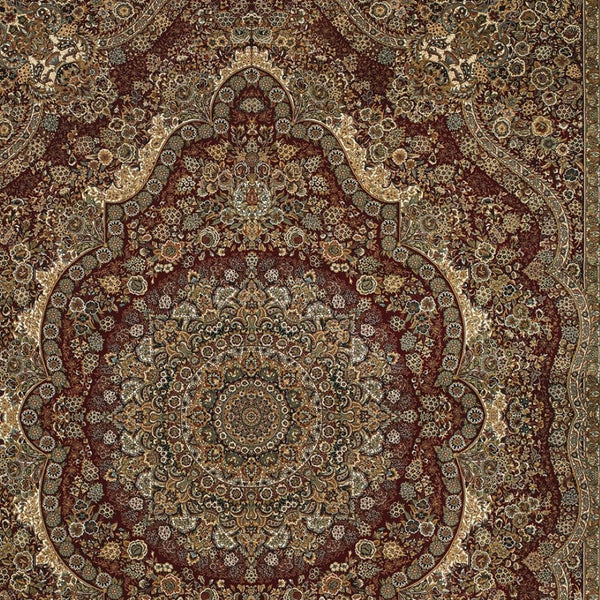HomeRoots 5' Red and Gold Medallion Area Rug with Fringed Edges - Durable, Stain-Resistant, Timeless Design 10' X 13' 574540