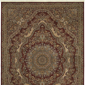 HomeRoots 5' Red and Gold Medallion Area Rug with Fringed Edges - Durable, Stain-Resistant, Timeless Design 10' X 13' 574540