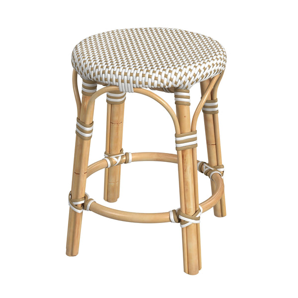 Butler Specialty Tobias 18" Round Rattan Dining Stool: Casual Mediterranean Style For Cozy Kitchen Or Patio Gatherings White And Tan Dot Rattan,Polyurethane Synthetic (Pe) Rattan 5745415-butler