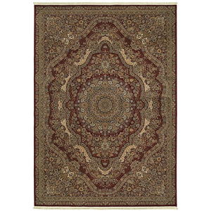 HomeRoots 5' Red and Gold Medallion Area Rug with Fringed Edges - Durable, Stain-Resistant, Timeless Design 4' X 5' 574541