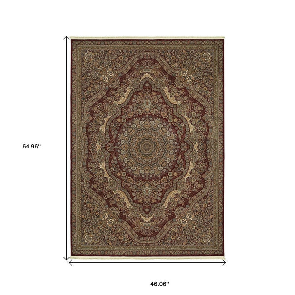 HomeRoots 5' Red and Gold Medallion Area Rug with Fringed Edges - Durable, Stain-Resistant, Timeless Design 4' X 5' 574541