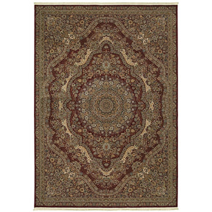 HomeRoots 5' Red and Gold Medallion Area Rug with Fringed Edges - Durable, Stain-Resistant, Timeless Design 4' X 5' 574541