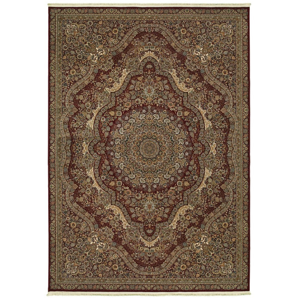 HomeRoots 5' Red and Gold Medallion Area Rug with Fringed Edges - Durable, Stain-Resistant, Timeless Design 4' X 5' 574541