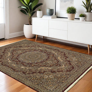HomeRoots 5' Red and Gold Medallion Area Rug with Fringed Edges - Durable, Stain-Resistant, Timeless Design 4' X 5' 574541