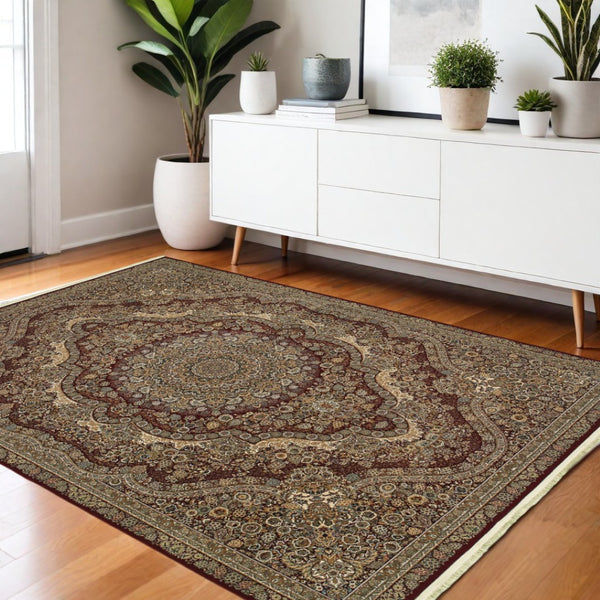 HomeRoots 5' Red and Gold Medallion Area Rug with Fringed Edges - Durable, Stain-Resistant, Timeless Design 4' X 5' 574541