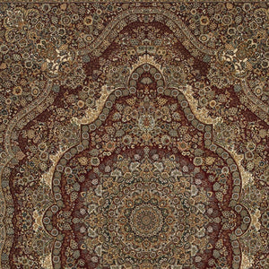 HomeRoots 5' Red and Gold Medallion Area Rug with Fringed Edges - Durable, Stain-Resistant, Timeless Design 7' X 10' 574542