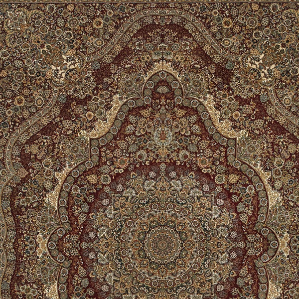 HomeRoots 5' Red and Gold Medallion Area Rug with Fringed Edges - Durable, Stain-Resistant, Timeless Design 7' X 10' 574542