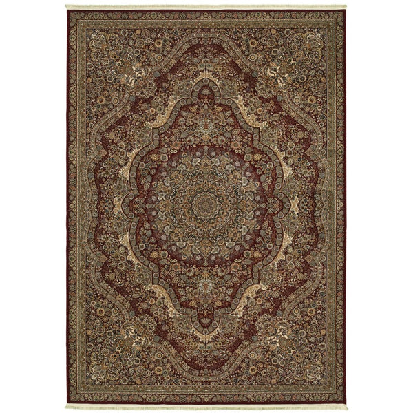 HomeRoots 5' Red and Gold Medallion Area Rug with Fringed Edges - Durable, Stain-Resistant, Timeless Design 8' X 11' 574543