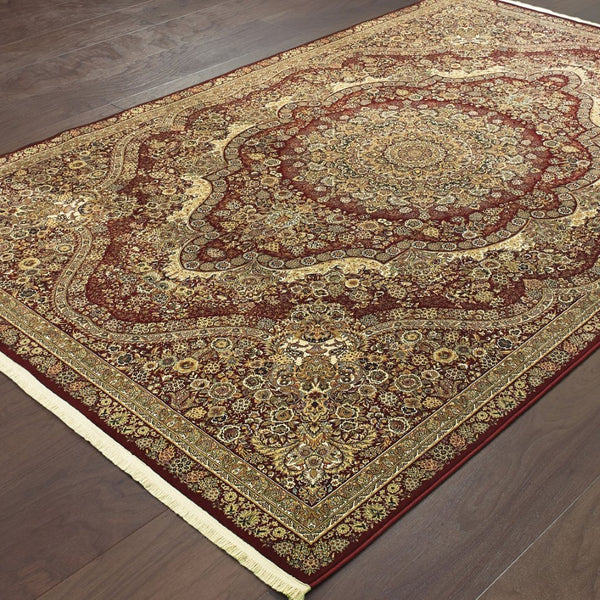 HomeRoots 5' Red and Gold Medallion Area Rug with Fringed Edges - Durable, Stain-Resistant, Timeless Design 8' X 11' 574543