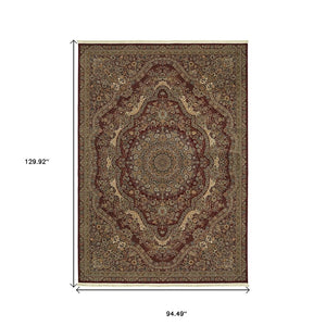 HomeRoots 5' Red and Gold Medallion Area Rug with Fringed Edges - Durable, Stain-Resistant, Timeless Design 8' X 11' 574543