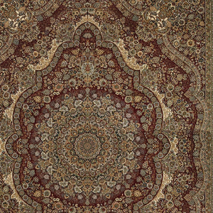 HomeRoots 5' Red and Gold Medallion Area Rug with Fringed Edges - Durable, Stain-Resistant, Timeless Design 8' X 11' 574543