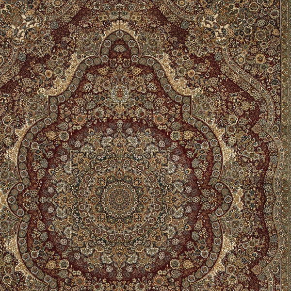 HomeRoots 5' Red and Gold Medallion Area Rug with Fringed Edges - Durable, Stain-Resistant, Timeless Design 8' X 11' 574543