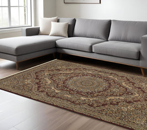HomeRoots 5' Red and Gold Medallion Area Rug with Fringed Edges - Durable, Stain-Resistant, Timeless Design 8' X 11' 574543
