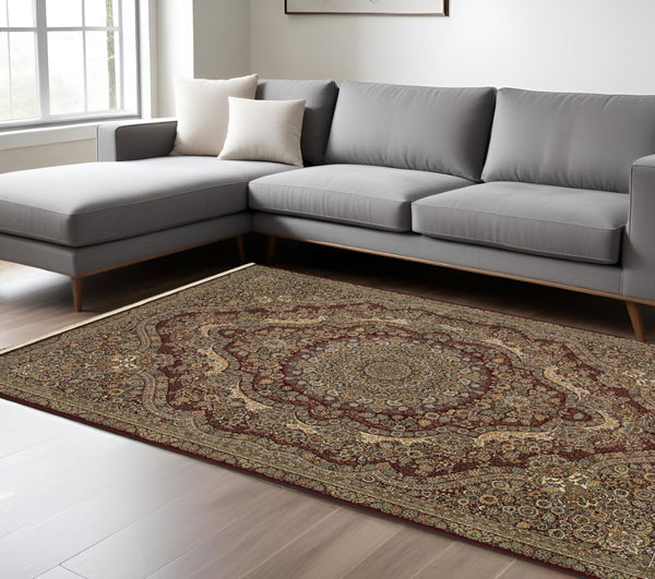 HomeRoots 5' Red and Gold Medallion Area Rug with Fringed Edges - Durable, Stain-Resistant, Timeless Design 8' X 11' 574543