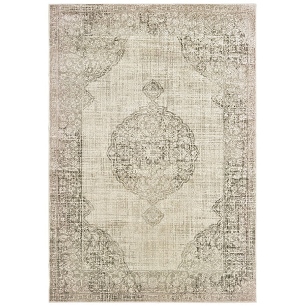 Homeroots 5' Elegant Ivory And Gray Oriental Distressed Area Rug - Stain Resistant, Perfect For Any Decor Ivory,Grey Polypropylene 574544