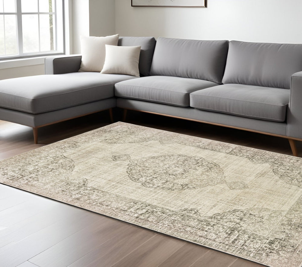 HomeRoots 10' Elegant Ivory and Gray Oriental Distressed Area Rug - Perfect for High-Traffic Living Spaces 10' X 13' 574545
