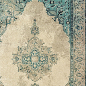 Homeroots 5' Captivating Ivory And Blue Oriental Area Rug – Stylish, Stain-resistant, Perfect For Any Decor 5' X 8' Polypropylene 574554
