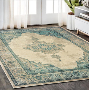 Homeroots 5' Captivating Ivory And Blue Oriental Area Rug – Stylish, Stain-resistant, Perfect For Any Decor 5' X 8' Polypropylene 574554