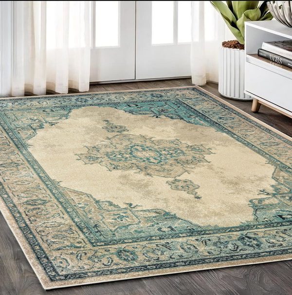 Homeroots 5' Captivating Ivory And Blue Oriental Area Rug – Stylish, Stain-resistant, Perfect For Any Decor 5' X 8' Polypropylene 574554