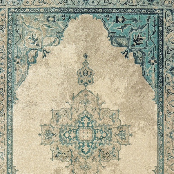 Homeroots 5' Captivating Ivory And Blue Oriental Area Rug – Stylish, Stain-resistant, Perfect For Any Decor 10' X 13' Polypropylene 574555