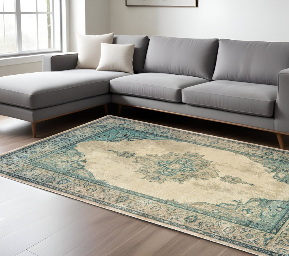 HomeRoots 10' Elegant Ivory and Blue Oriental Distressed Area Rug – Durable, Timeless Design for Any Space 10' X 13' 574555
