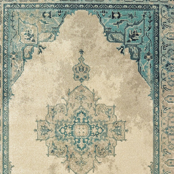Homeroots 5' Captivating Ivory And Blue Oriental Area Rug – Stylish, Stain-resistant, Perfect For Any Decor 4' X 5' Polypropylene 574556