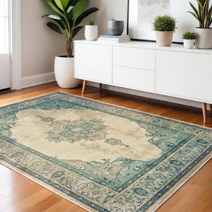 Homeroots 5' Captivating Ivory And Blue Oriental Area Rug – Stylish, Stain-resistant, Perfect For Any Decor 4' X 5' Polypropylene 574556