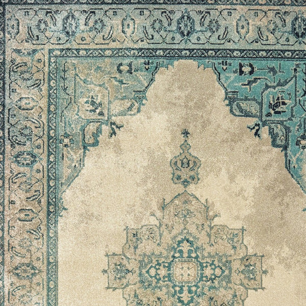 Homeroots 5' Captivating Ivory And Blue Oriental Area Rug – Stylish, Stain-resistant, Perfect For Any Decor 7' X 10' Polypropylene 574557