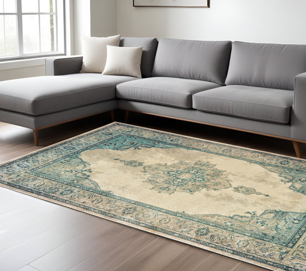 Homeroots 5' Captivating Ivory And Blue Oriental Area Rug – Stylish, Stain-resistant, Perfect For Any Decor 7' X 10' Polypropylene 574557