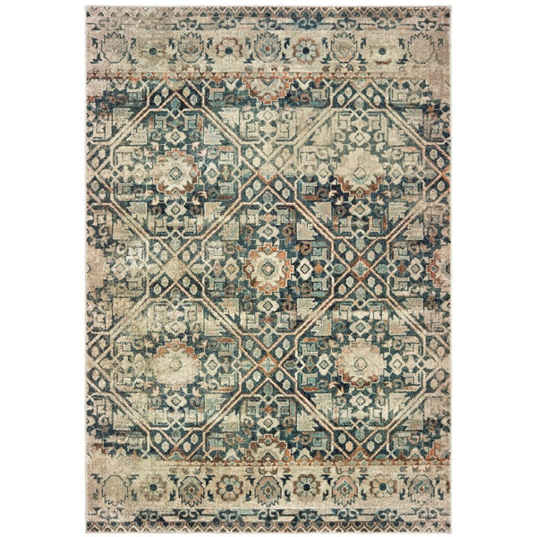 HomeRoots 10' Blue and Ivory Geometric Area Rug - Distressed Design for Modern Spaces, Easy-Care & Durable 10' X 13' 574560