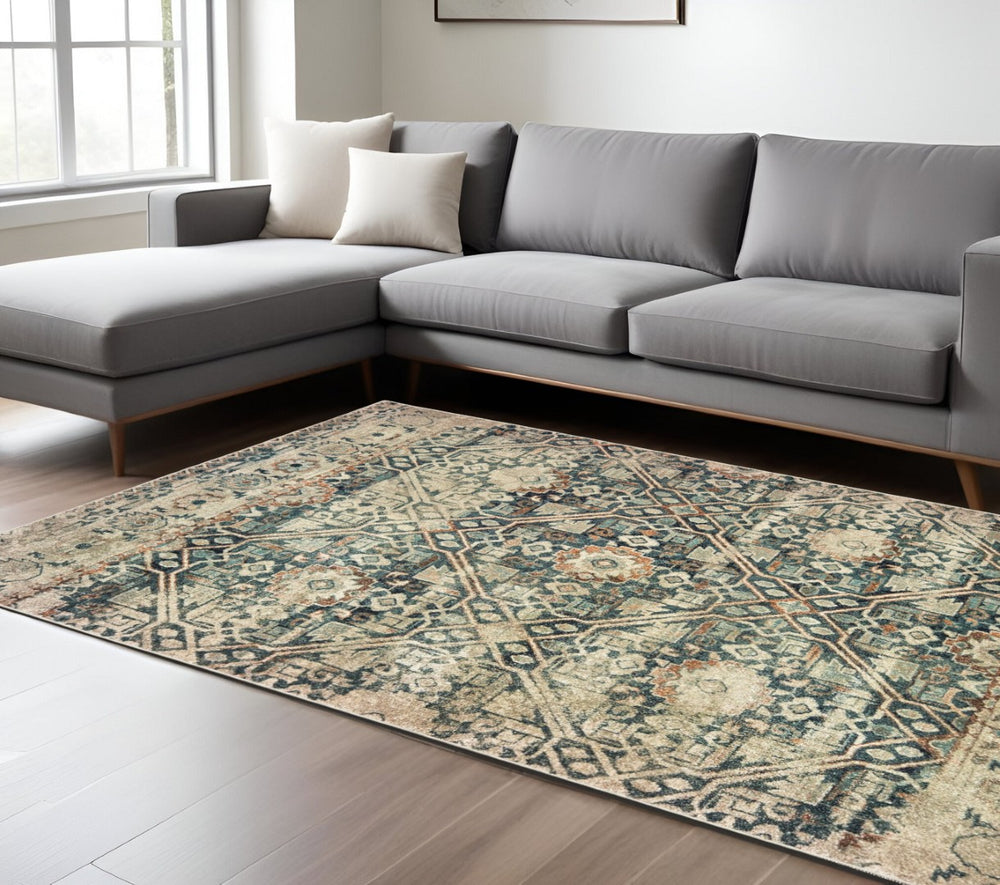 HomeRoots 10' Blue and Ivory Geometric Area Rug - Distressed Design for Modern Spaces, Easy-Care & Durable 10' X 13' 574560