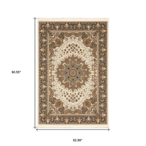 Homeroots 5' Ivory Medallion Area Rug With Fringe - Stain Resistant, Stylish Design For Any Home Decor 5' X 8' Polypropylene 574564