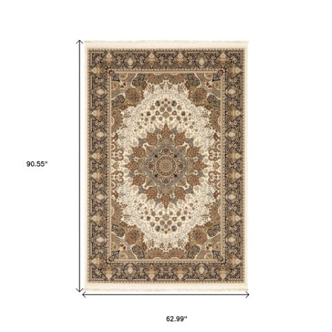 Homeroots 5' Ivory Medallion Area Rug With Fringe - Stain Resistant, Stylish Design For Any Home Decor 5' X 8' Polypropylene 574564