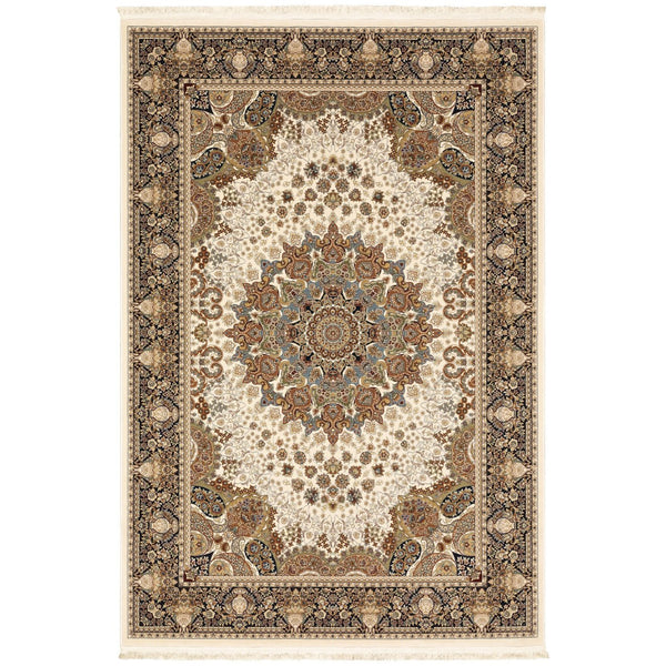 Homeroots 5' Ivory Medallion Area Rug With Fringe - Stain Resistant, Stylish Design For Any Home Decor 5' X 8' Polypropylene 574564