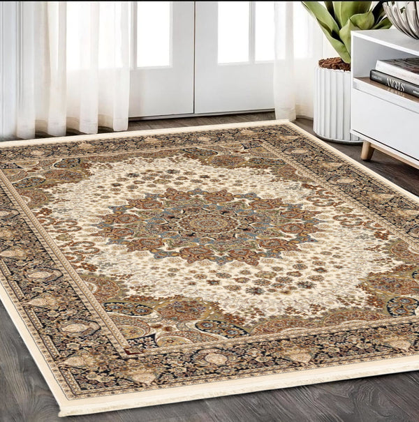 Homeroots 5' Ivory Medallion Area Rug With Fringe - Stain Resistant, Stylish Design For Any Home Decor 5' X 8' Polypropylene 574564