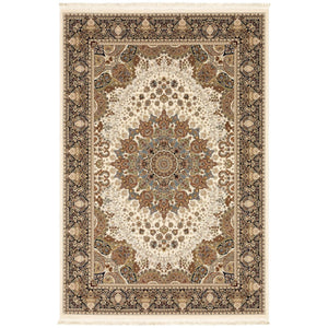 HomeRoots 5' Elegant Ivory Medallion Area Rug with Fringe – Durable, Stain-Resistant, Perfect for Any Room 5' X 8' 574564