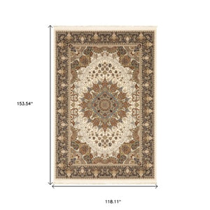 Homeroots 5' Ivory Medallion Area Rug With Fringe - Stain Resistant, Stylish Design For Any Home Decor 10' X 13' Polypropylene 574565