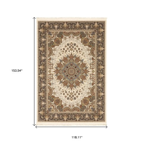 Homeroots 5' Ivory Medallion Area Rug With Fringe - Stain Resistant, Stylish Design For Any Home Decor 10' X 13' Polypropylene 574565