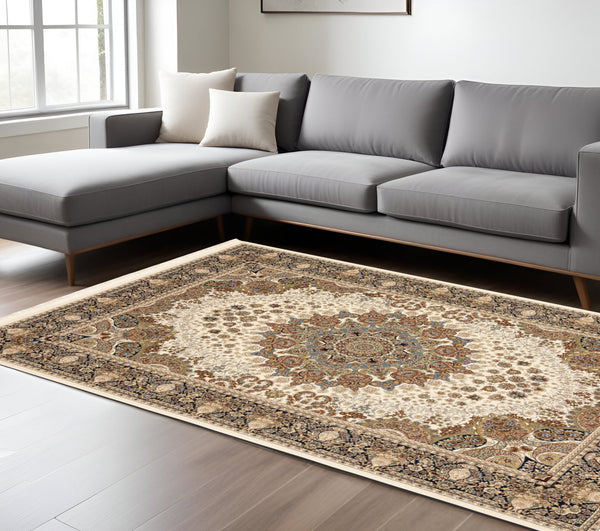 Homeroots 5' Ivory Medallion Area Rug With Fringe - Stain Resistant, Stylish Design For Any Home Decor 10' X 13' Polypropylene 574565