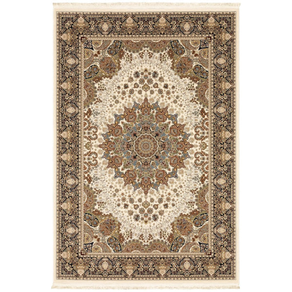 HomeRoots 5' Elegant Ivory Medallion Area Rug with Fringe – Durable, Stain-Resistant, Perfect for Any Room 10' X 13' 574565