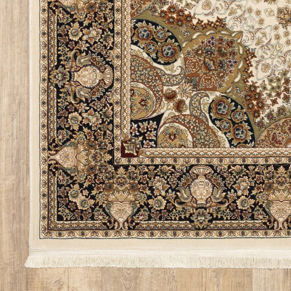 HomeRoots 5' Elegant Ivory Medallion Area Rug with Fringe – Durable, Stain-Resistant, Perfect for Any Room 10' X 13' 574565